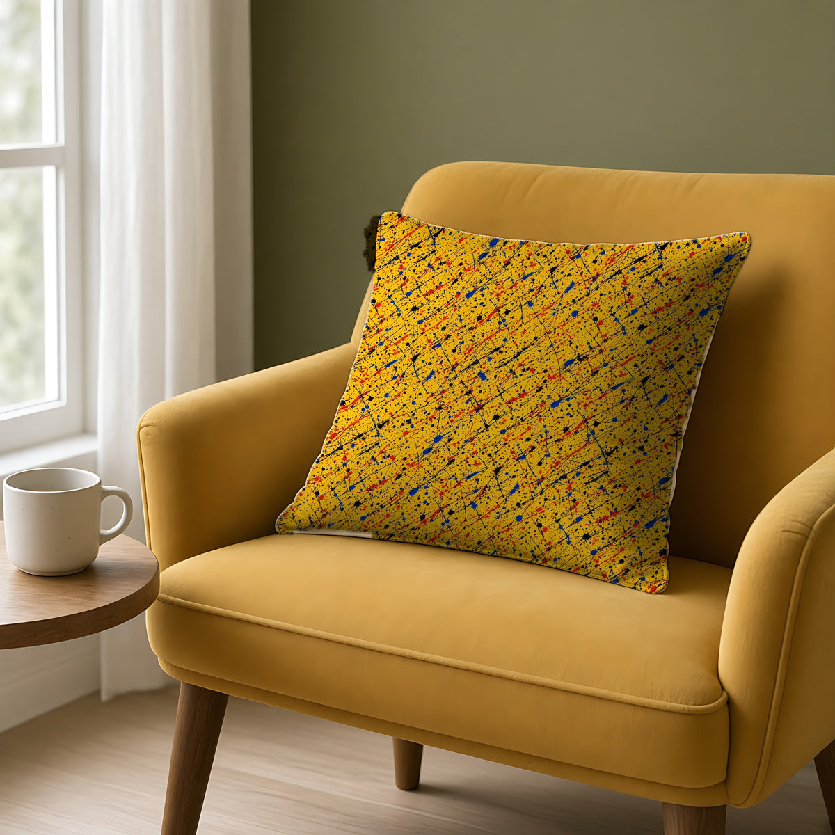Flick Lines Faux Suede Cushion on a mustard armchair by a window