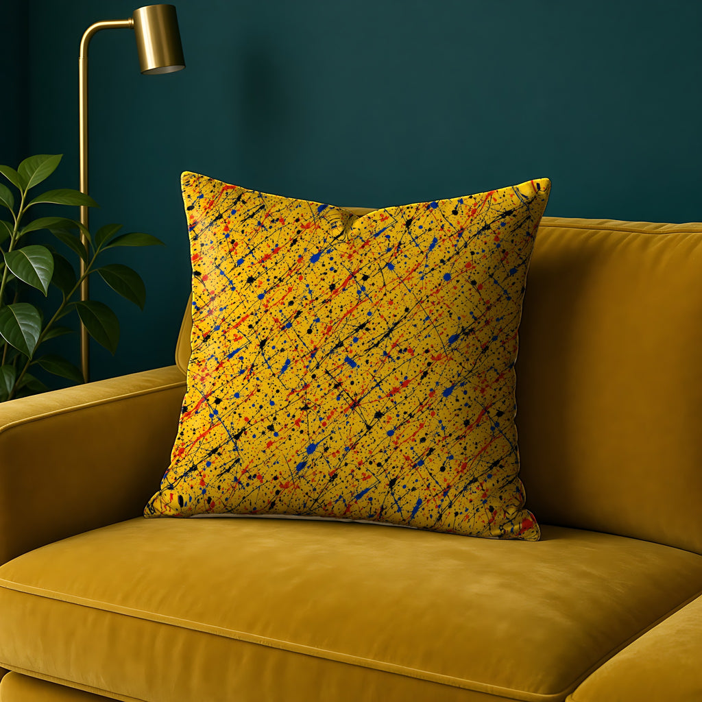 Flick Lines faux suede cushion in the Ink Splash Riot palette, on a mustard sofa against a teal wall