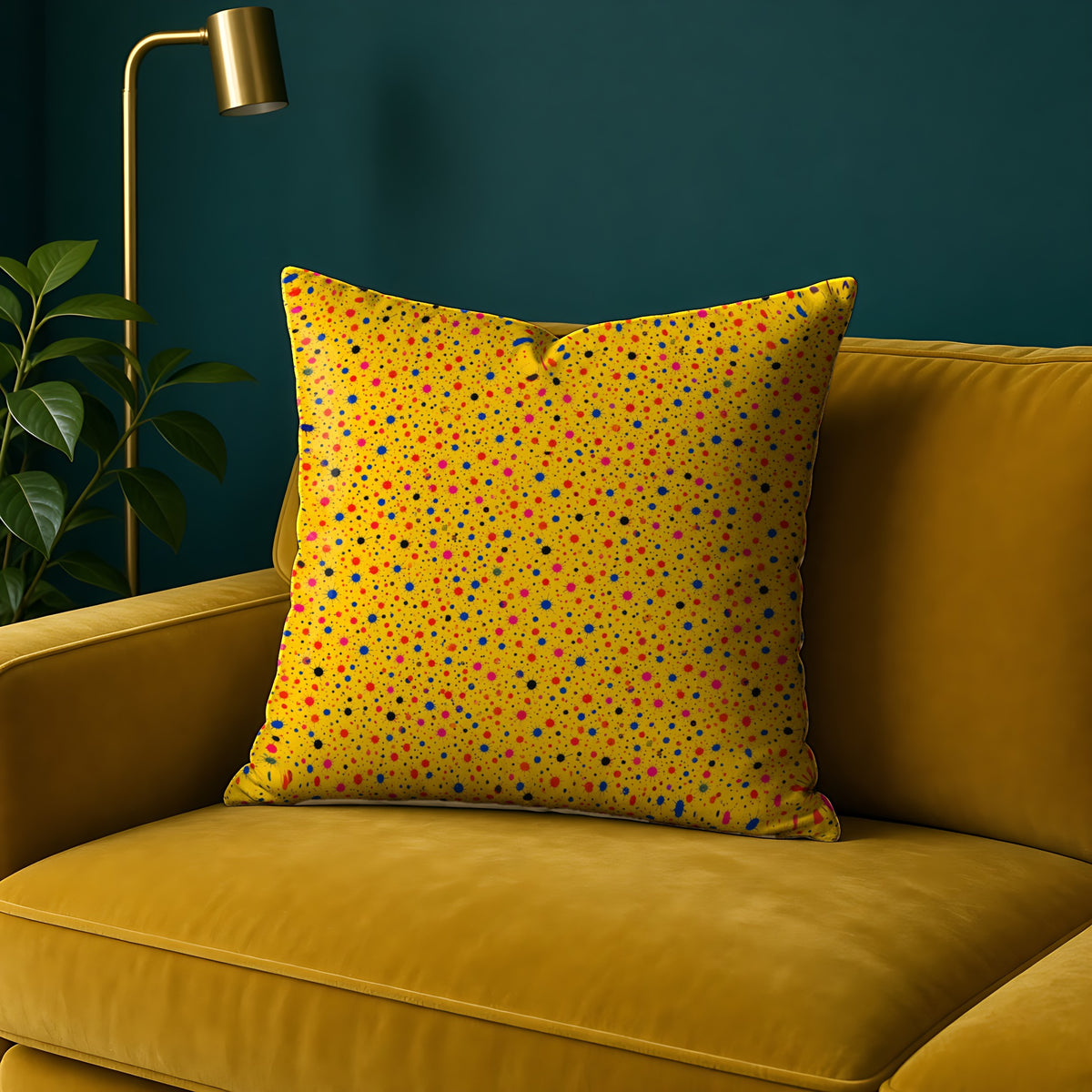 Confetti Spatter faux suede cushion in the Ink Splash Riot palette, on a mustard sofa against a teal wall