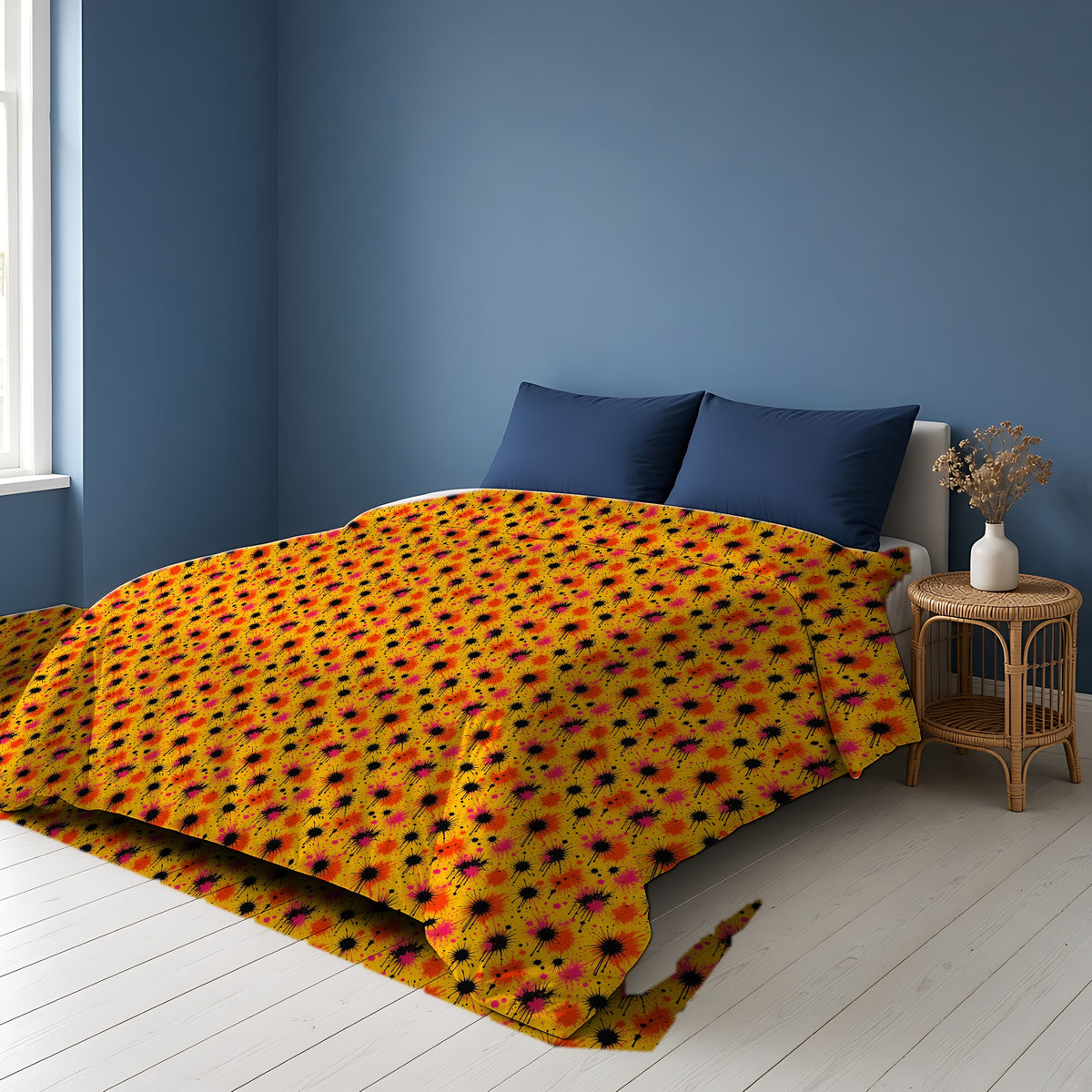 Black Ink Burst Cotton Duvet Cover on a bed in a Scandinavian blue bedroom