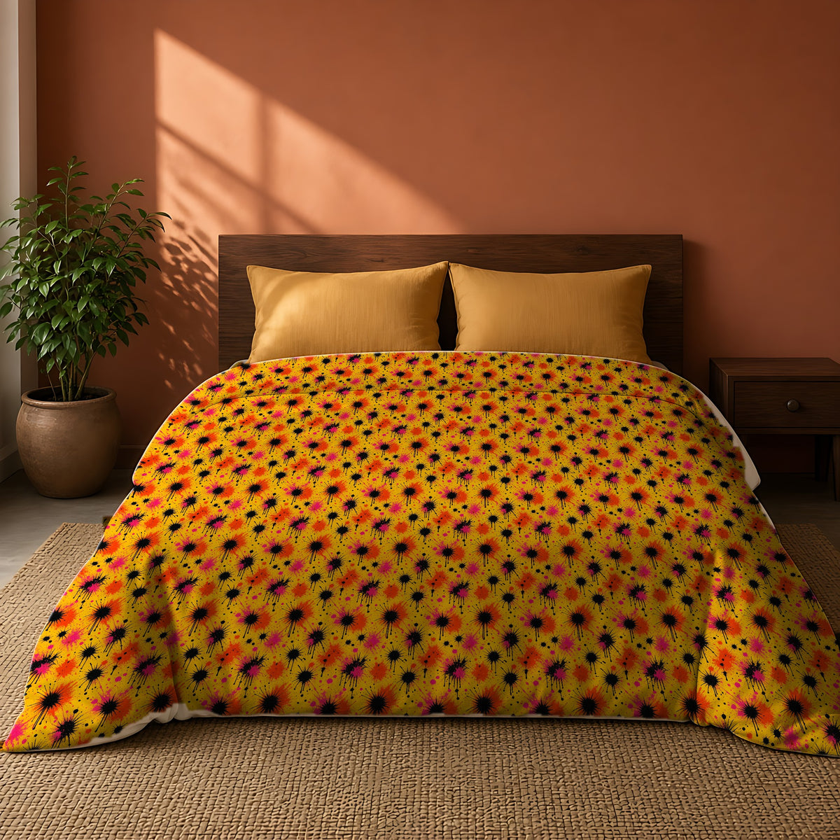 Black Ink Burst Cotton Duvet Cover on a king bed against a warm terracotta wall