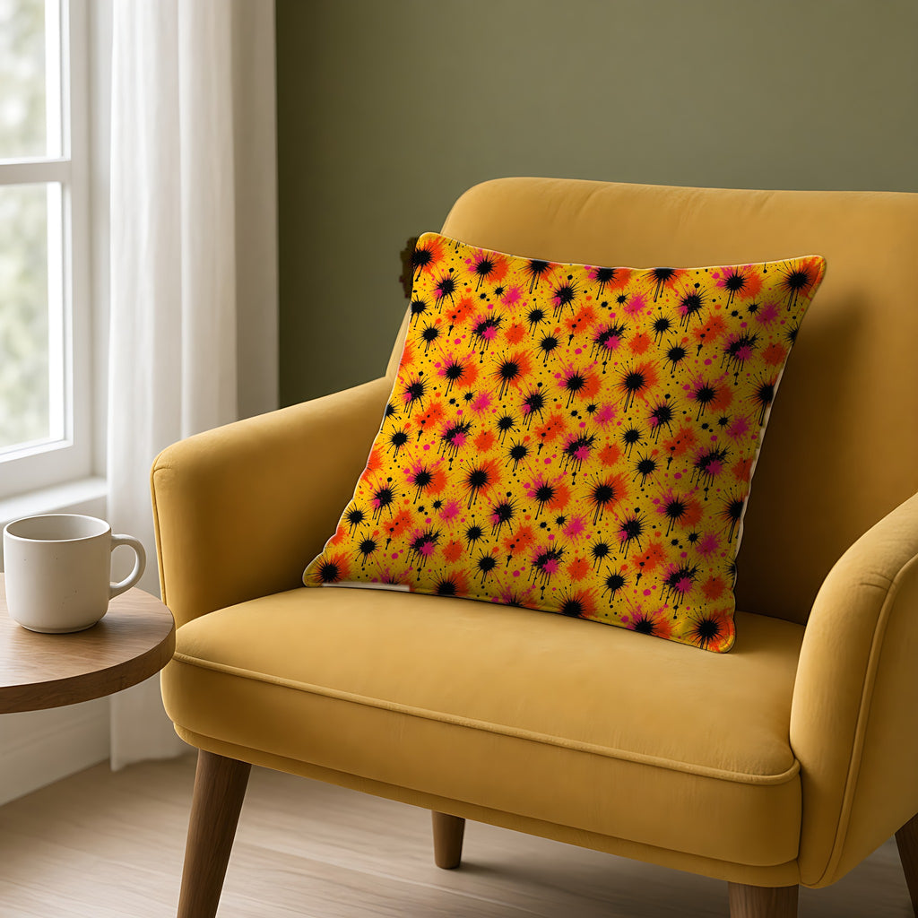 Black Ink Burst Faux Suede Cushion on a mustard armchair by a window