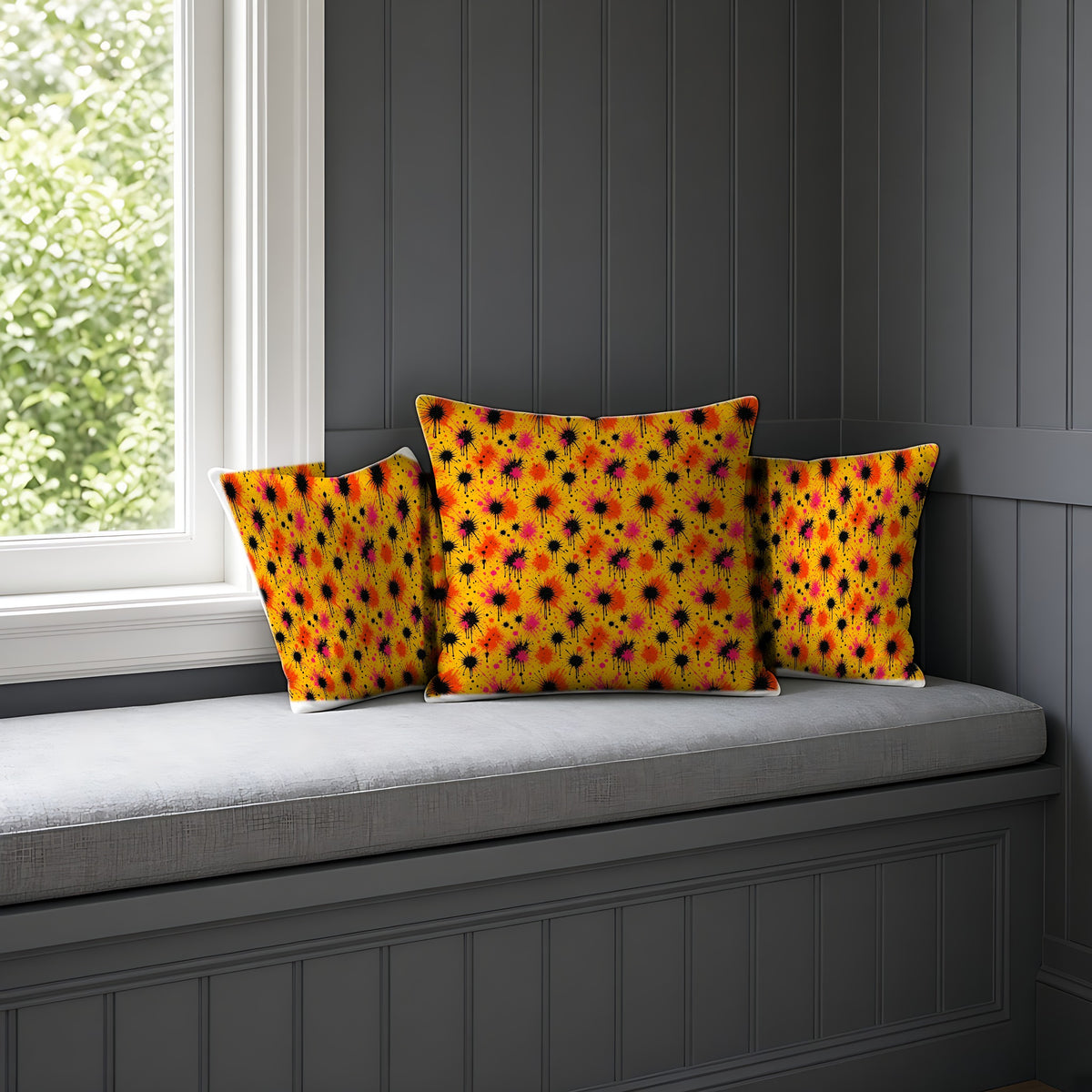 Black Ink Burst Faux Suede Cushion on a window seat