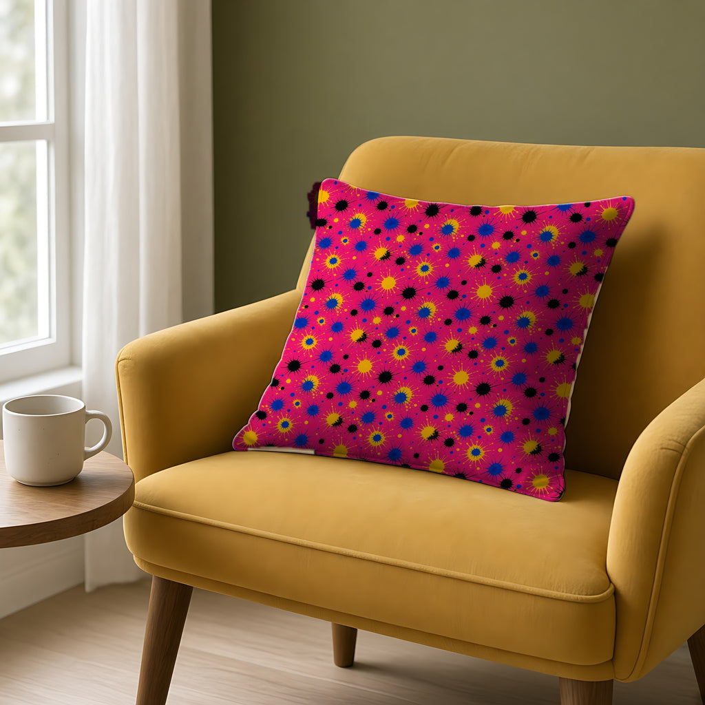 Pink Ground Splash Faux Suede Cushion on a mustard armchair by a window