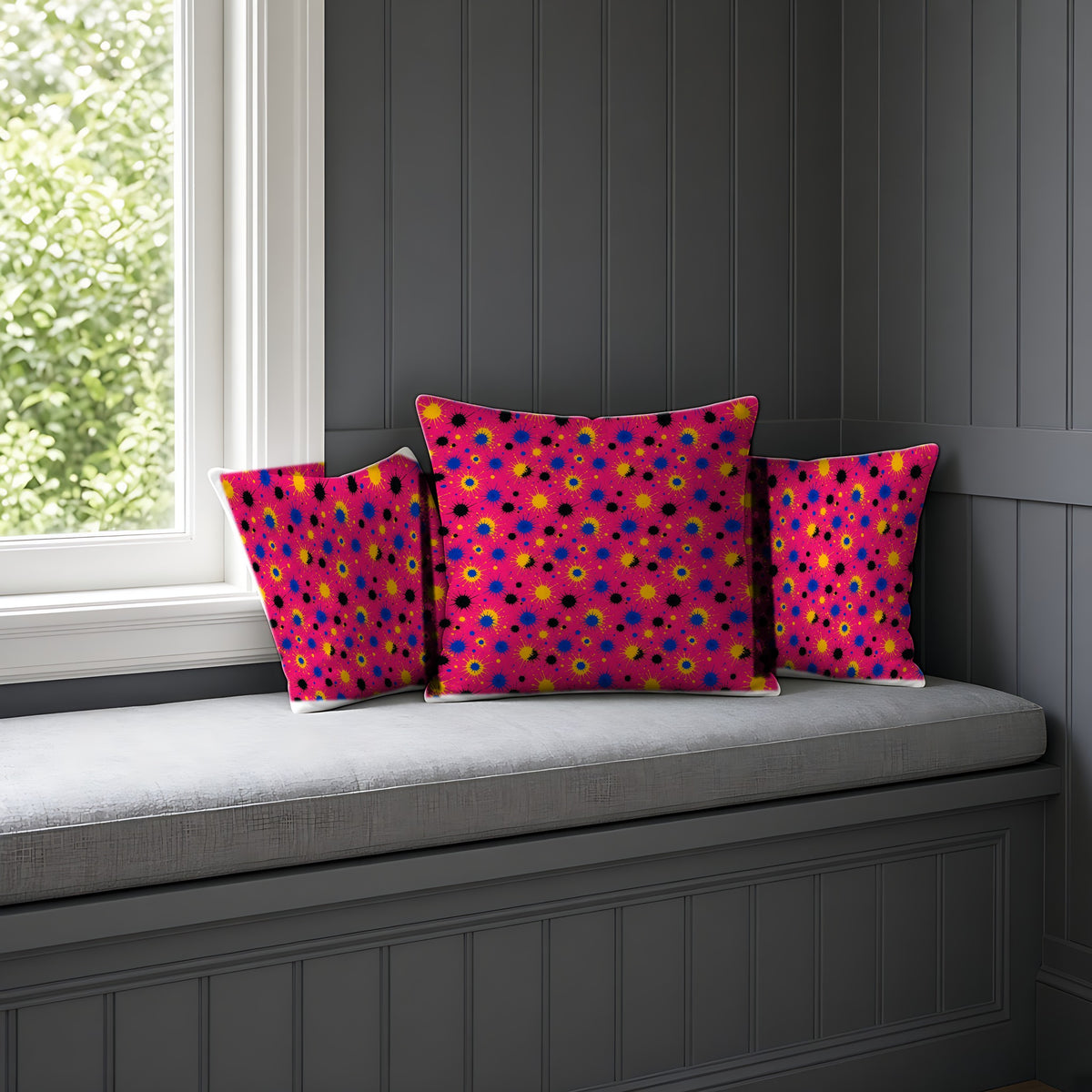 Pink Ground Splash Faux Suede Cushion on a window seat