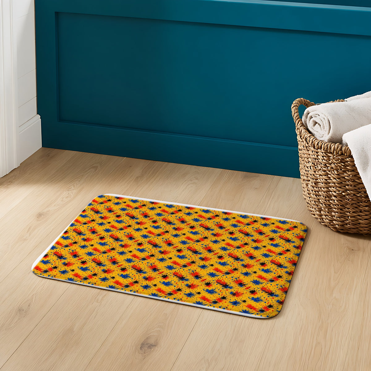 Dragged Smears Bath Mat on an oak floor in a teal bathroom