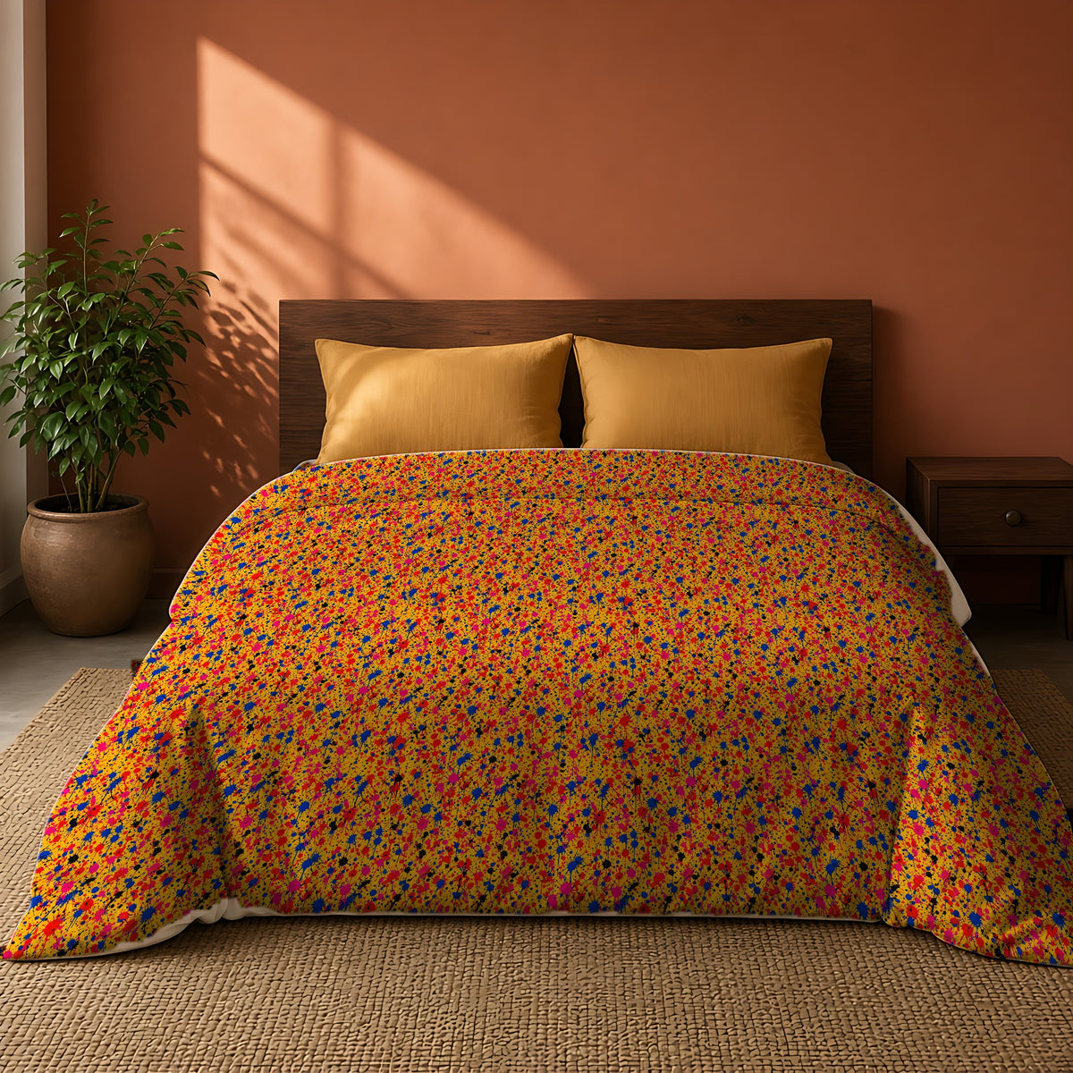 Layered Drip Spray Cotton Duvet Cover on a king bed against a warm terracotta wall