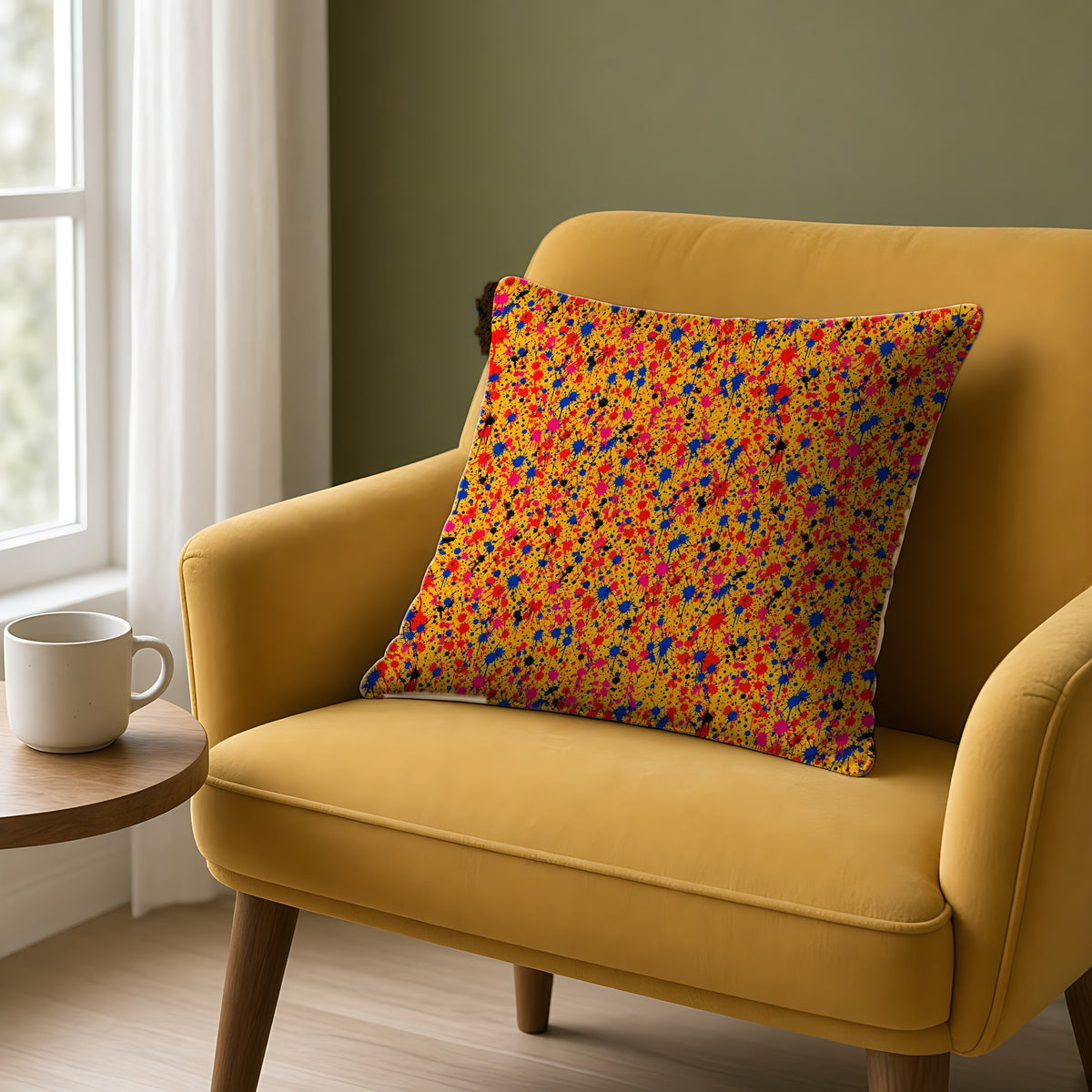 Layered Drip Spray Faux Suede Cushion on a mustard armchair by a window