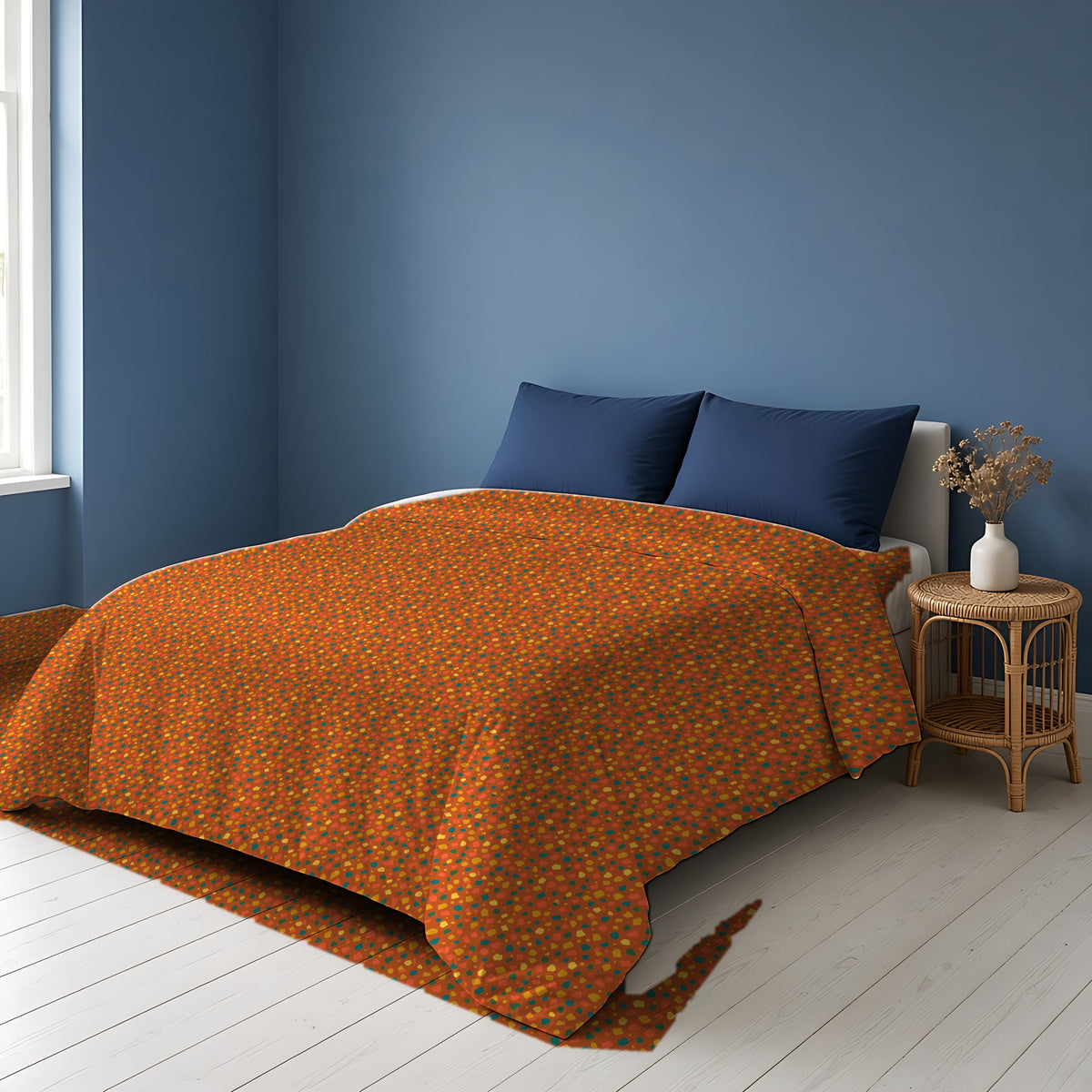 Confetti Aggregate Cotton Duvet Cover on a bed in a Scandinavian blue bedroom
