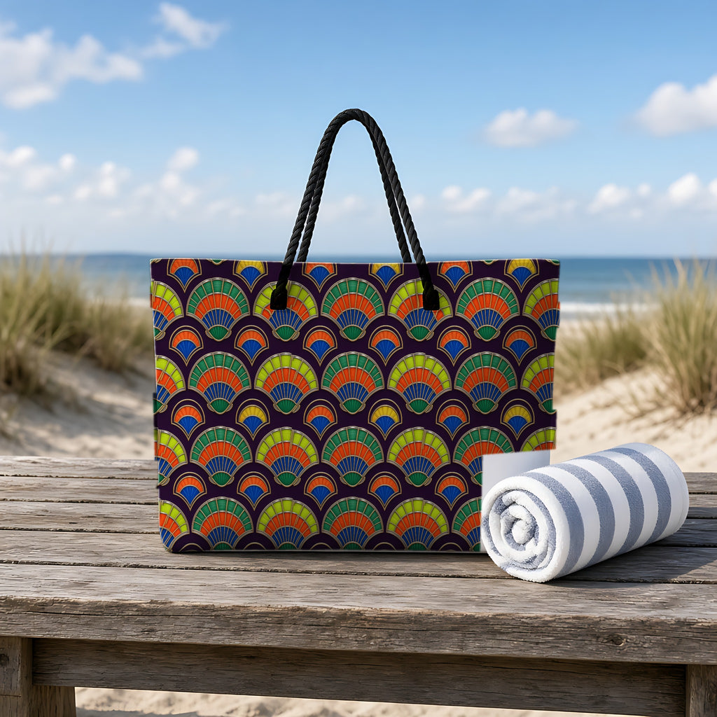 Deco Fan Scales Weekender Tote Bag on a rustic table by the beach