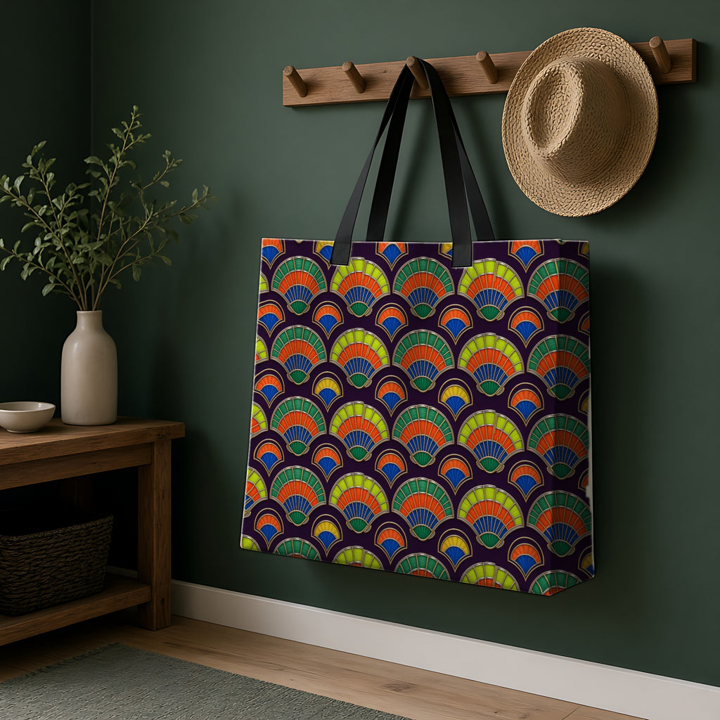 Deco Fan Scales Weekender Tote Bag hanging on a peg rail in a green hallway
