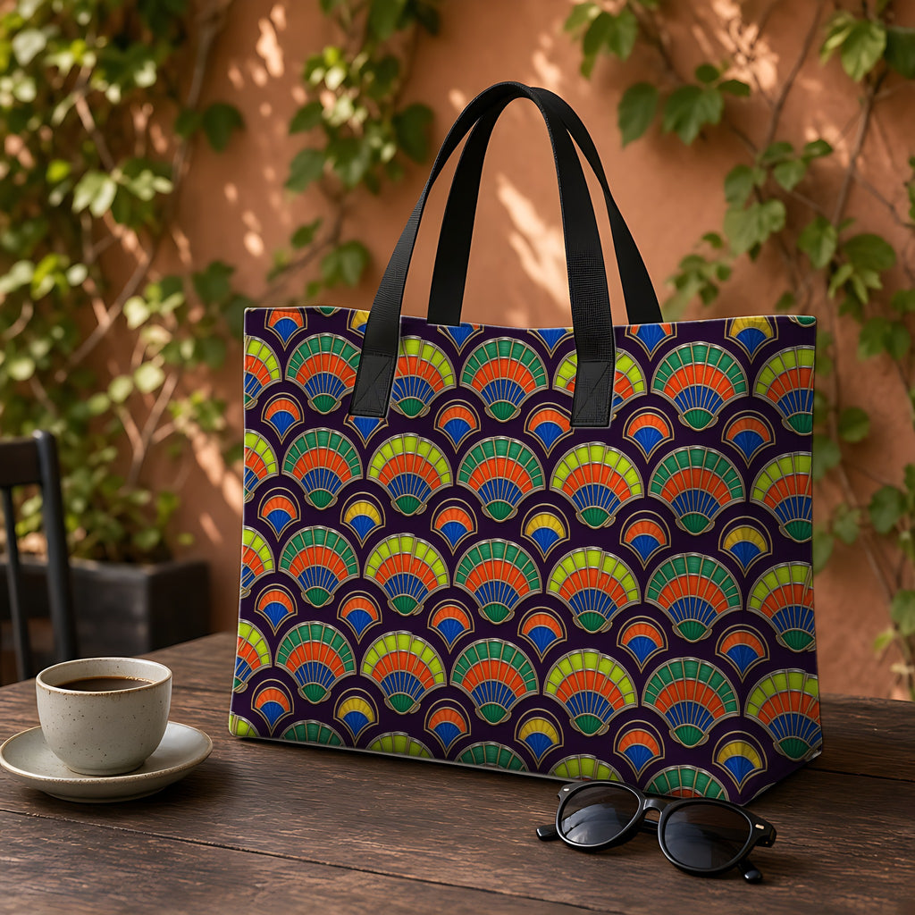 Deco Fan Scales Weekender Tote Bag on a garden café table