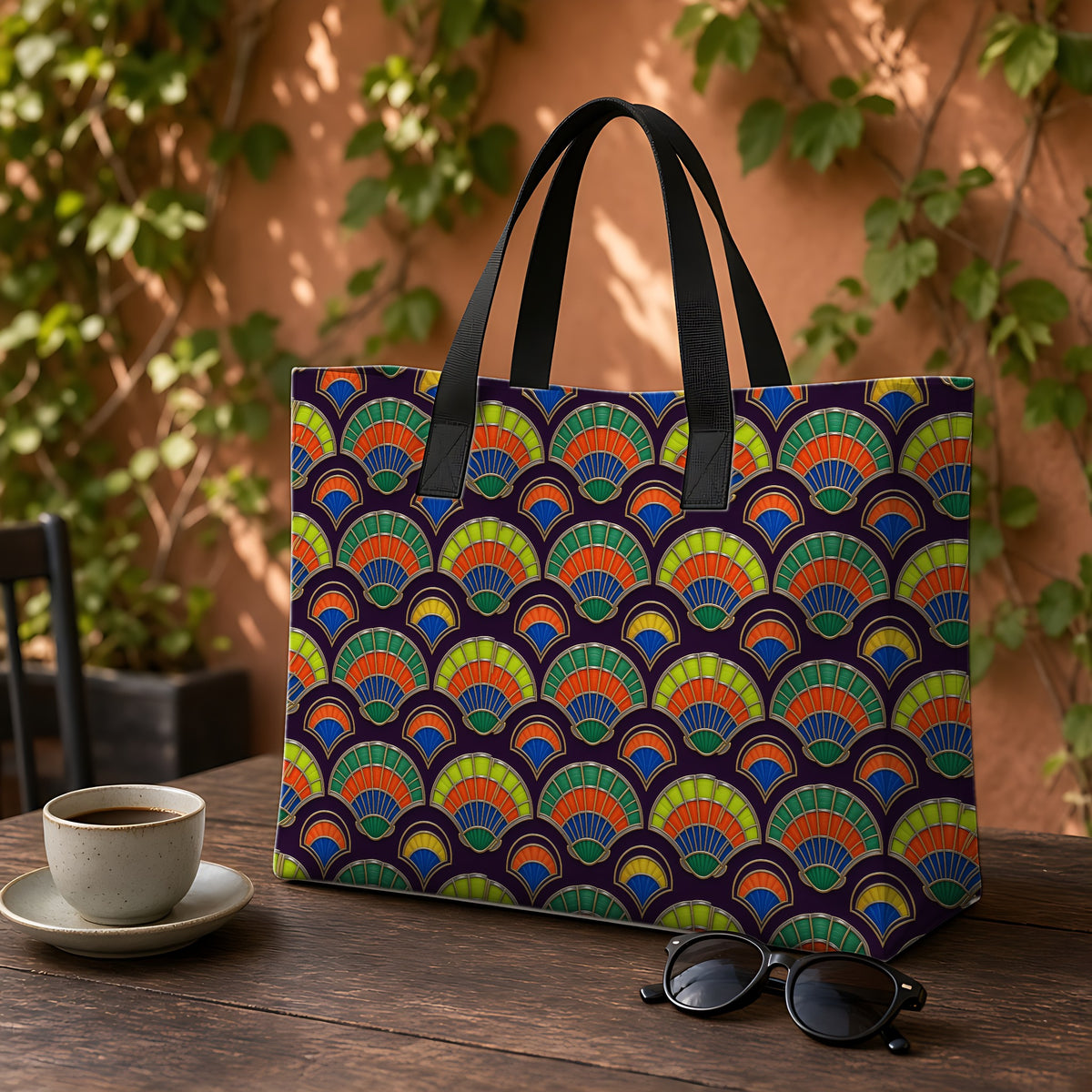Deco Fan Scales Weekender Tote Bag on a garden café table