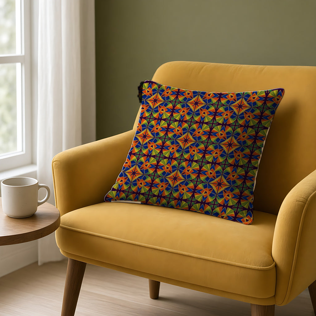 Kaleido Fan Quatrefoil Faux Suede Cushion on a mustard armchair by a window