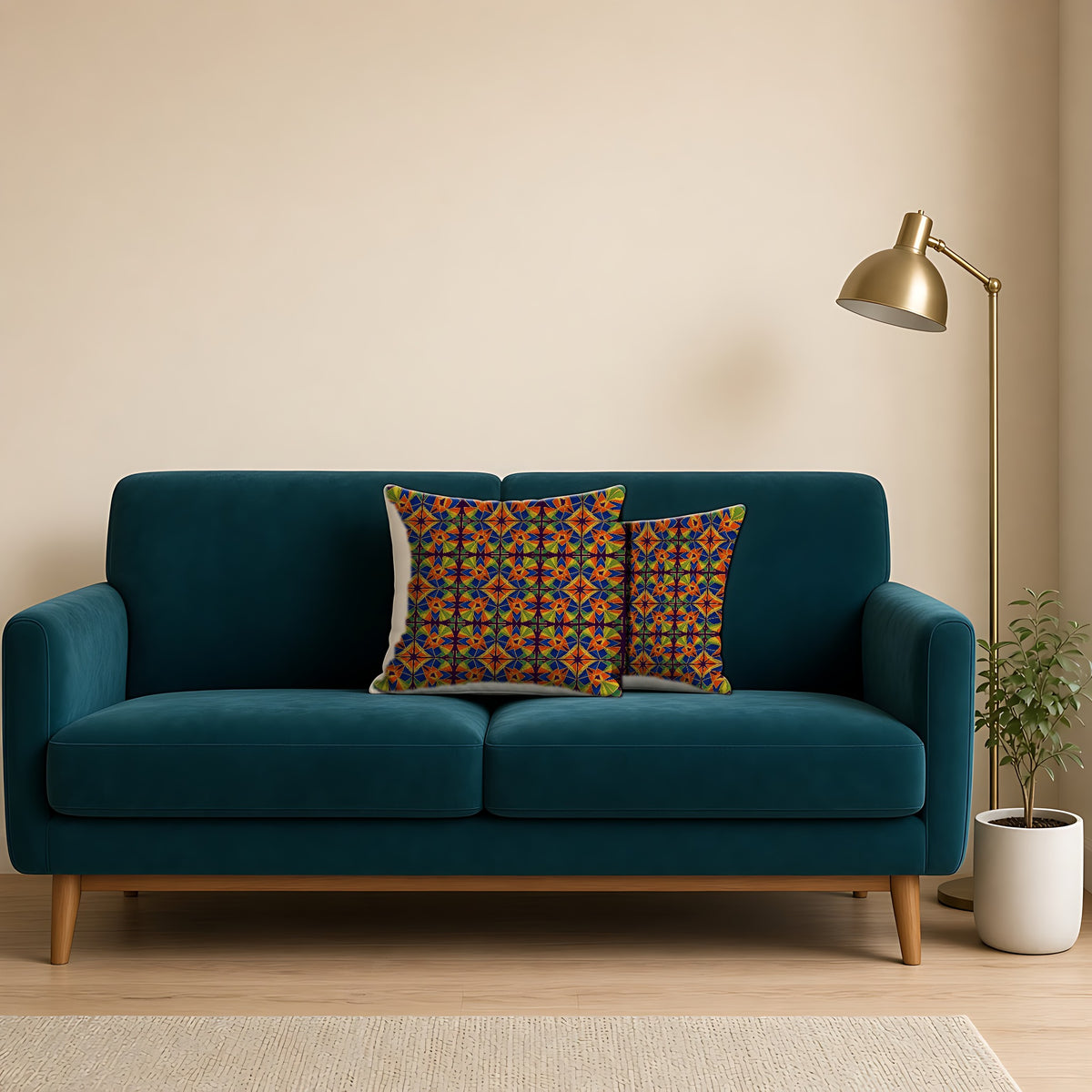 Kaleido Fan Quatrefoil Faux Suede Cushion on a teal velvet sofa