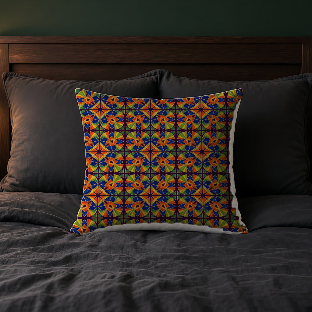 Kaleido Fan Quatrefoil Faux Suede Cushion on a bed with charcoal bedding