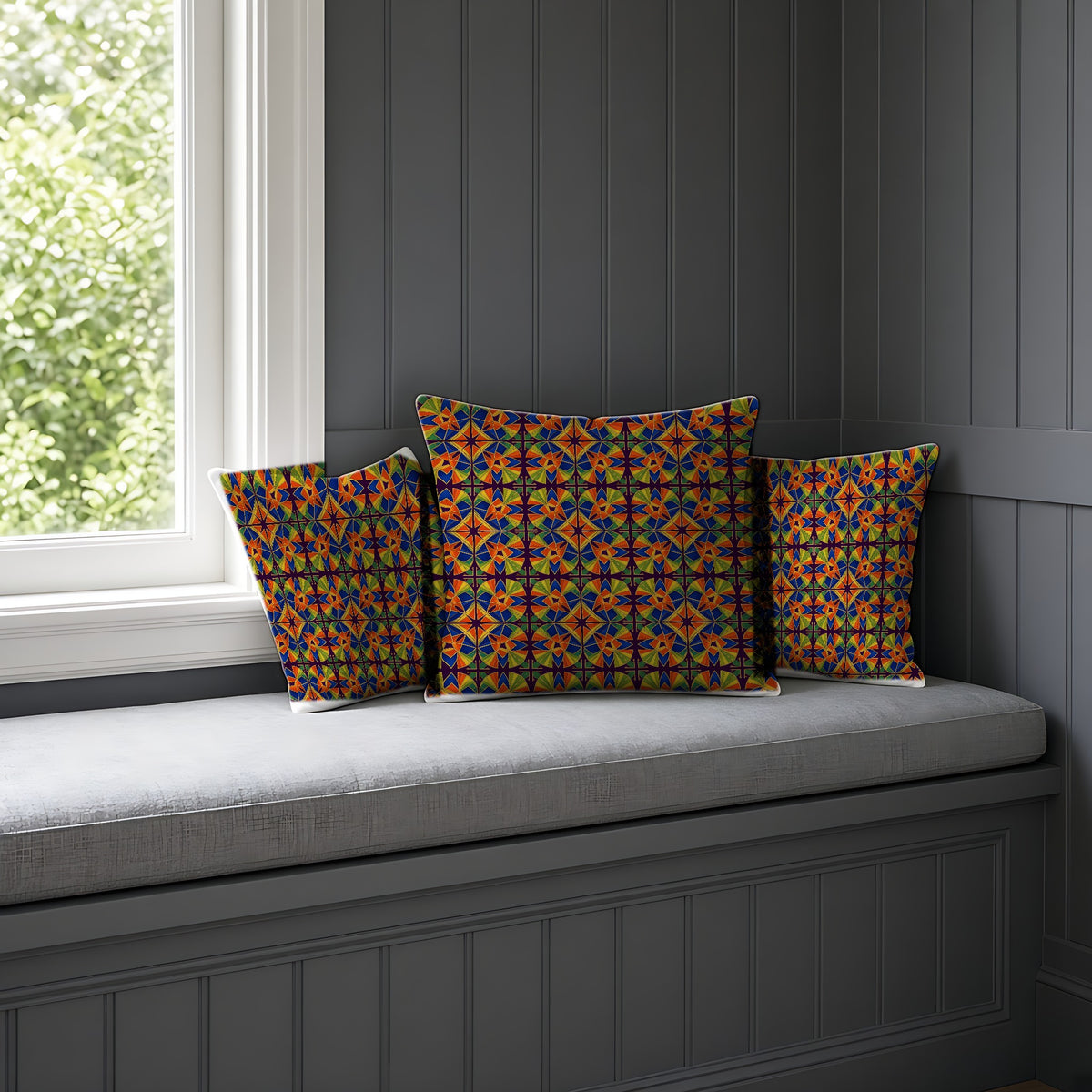 Kaleido Fan Quatrefoil Faux Suede Cushion on a window seat