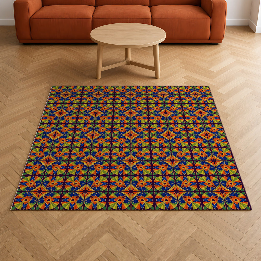 Kaleido Fan Quatrefoil Outdoor Rug on a herringbone wood floor in a living room
