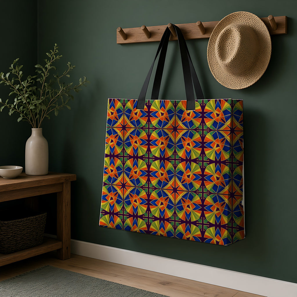 Kaleido Fan Quatrefoil Weekender Tote Bag hanging on a peg rail in a green hallway