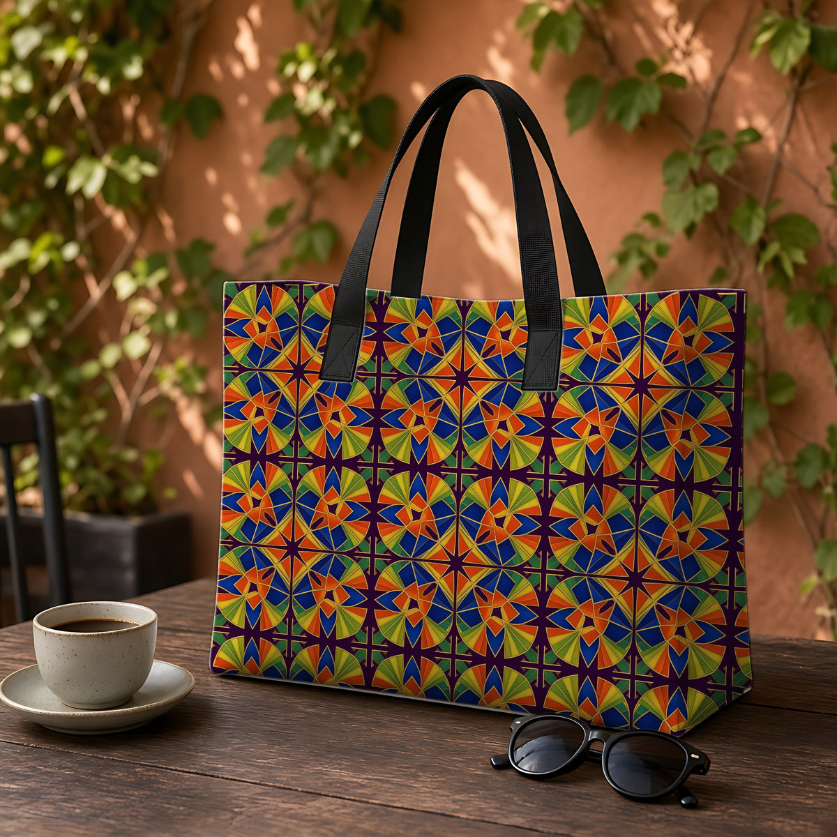 Kaleido Fan Quatrefoil Weekender Tote Bag on a garden café table