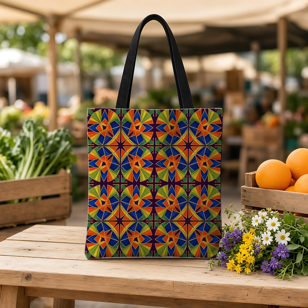 Kaleido Fan Quatrefoil Weekender Tote Bag on a wooden bench at a farmers market