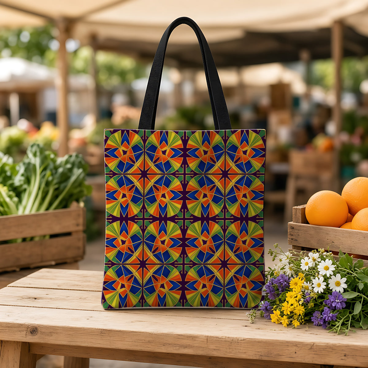 Kaleido Fan Quatrefoil Weekender Tote Bag on a wooden bench at a farmers market