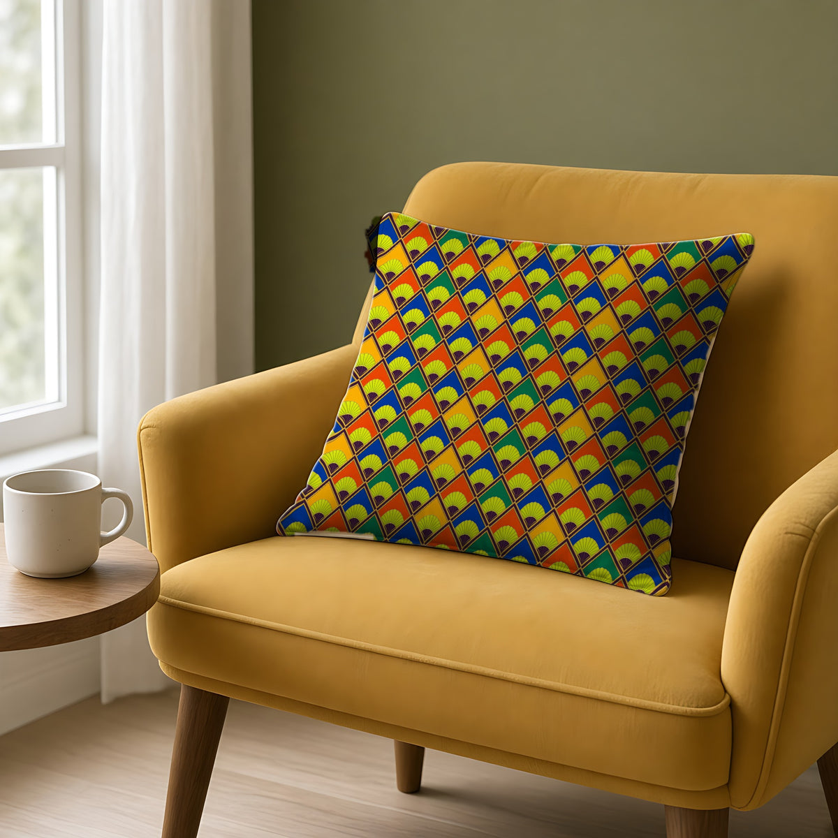 Fanfare Harlequin Faux Suede Cushion on a mustard armchair by a window