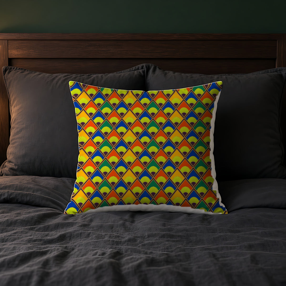 Fanfare Harlequin Faux Suede Cushion on a bed with charcoal bedding