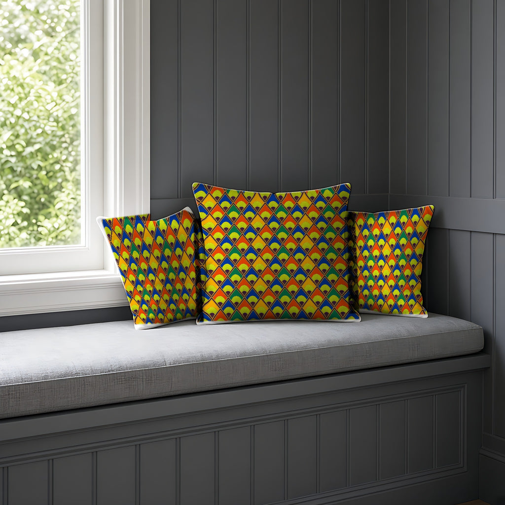 Fanfare Harlequin Faux Suede Cushion on a window seat