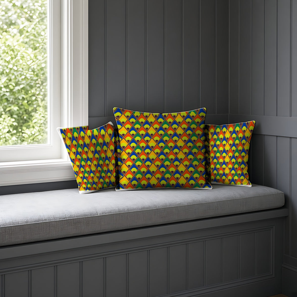 Fanfare Harlequin Faux Suede Cushion on a window seat