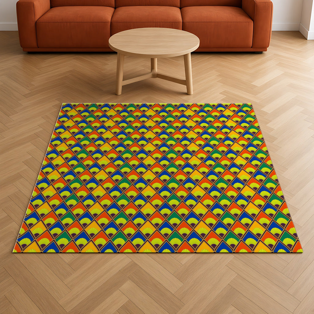Fanfare Harlequin Outdoor Rug on a herringbone wood floor in a living room