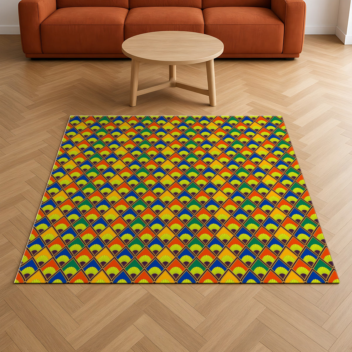 Fanfare Harlequin Outdoor Rug on a herringbone wood floor in a living room