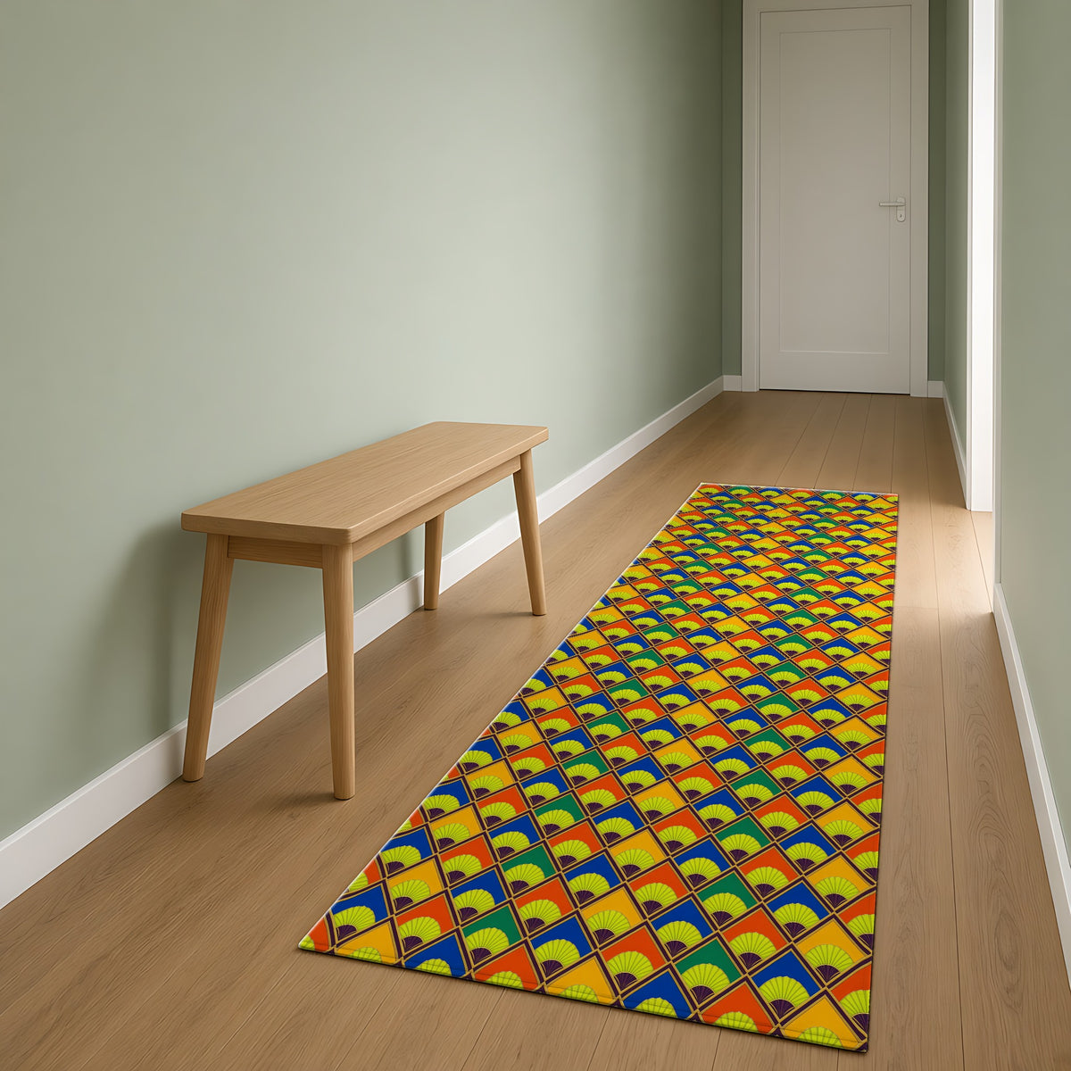 Fanfare Harlequin Outdoor Rug as a runner in a sage-green hallway