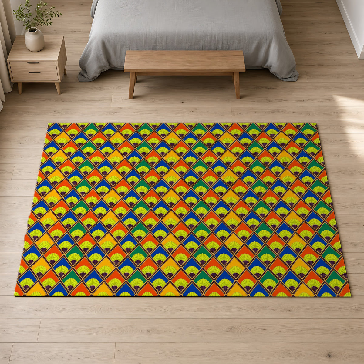 Fanfare Harlequin Outdoor Rug on a pale oak floor in a calm bedroom