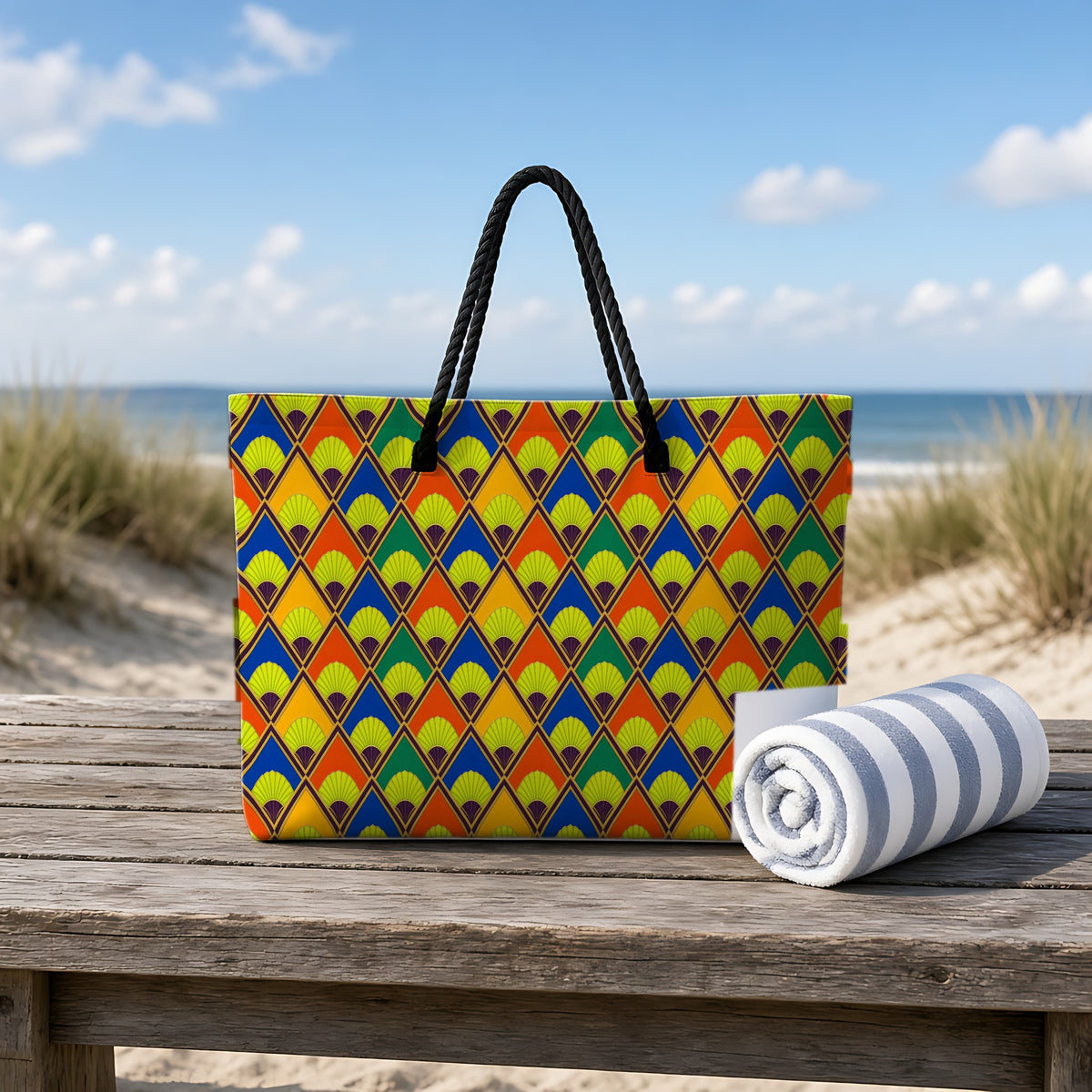 Fanfare Harlequin Weekender Tote Bag on a rustic table by the beach