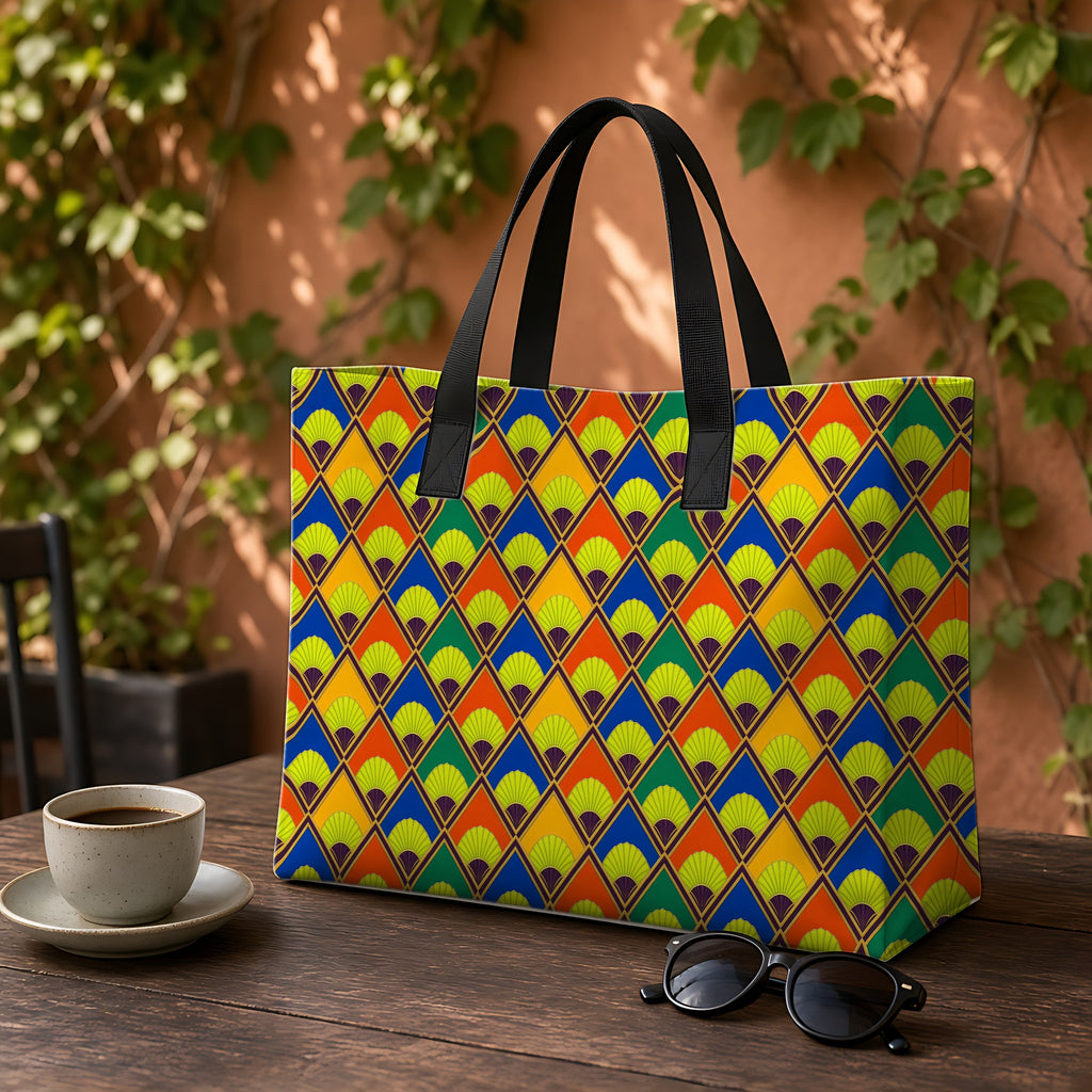 Fanfare Harlequin Weekender Tote Bag on a garden café table