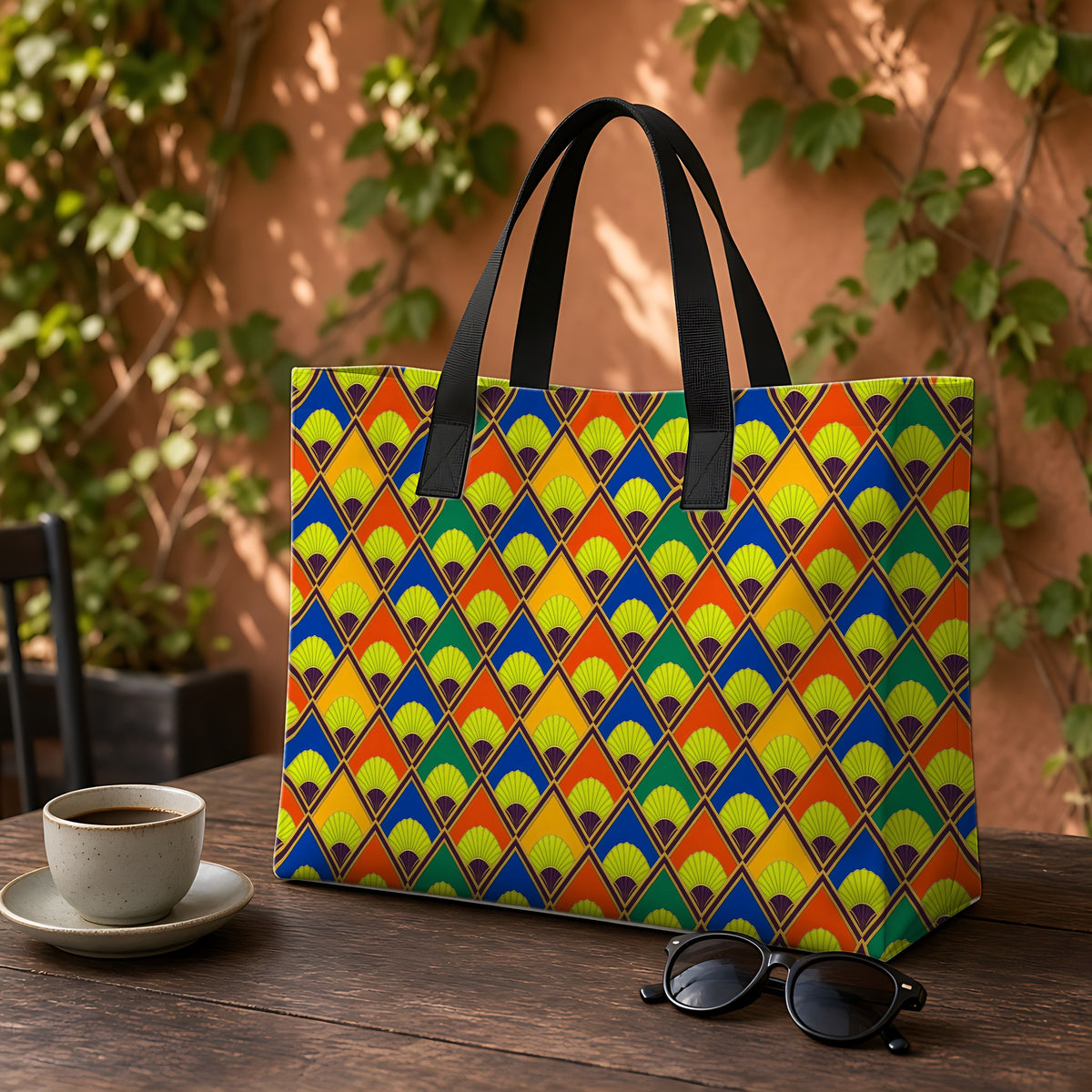 Fanfare Harlequin Weekender Tote Bag on a garden café table