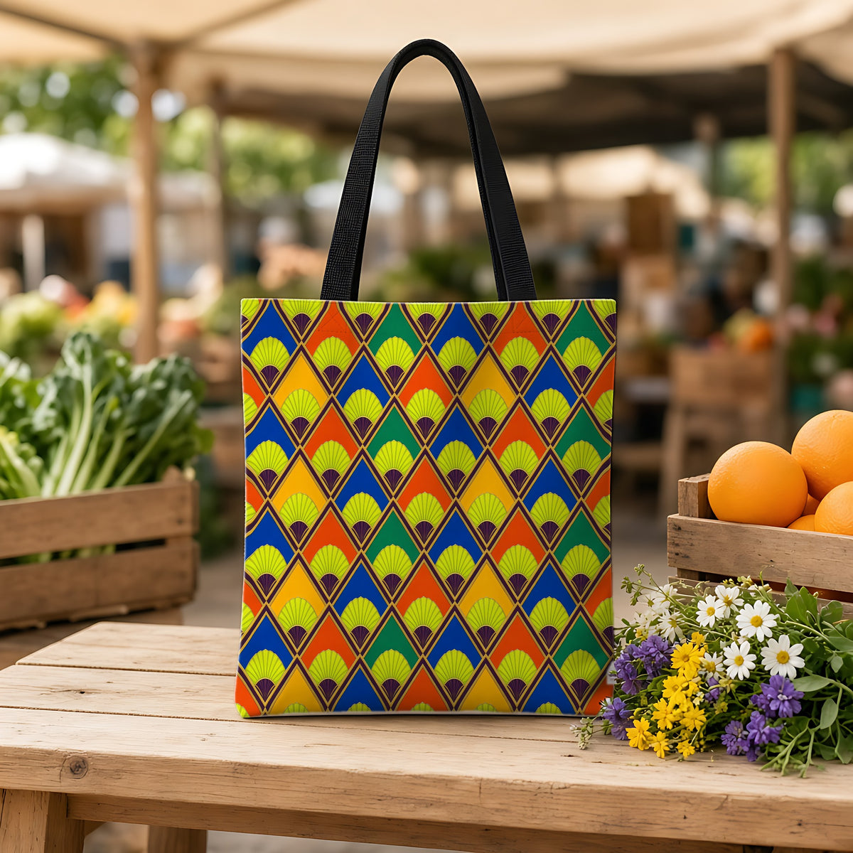 Fanfare Harlequin Weekender Tote Bag on a wooden bench at a farmers market