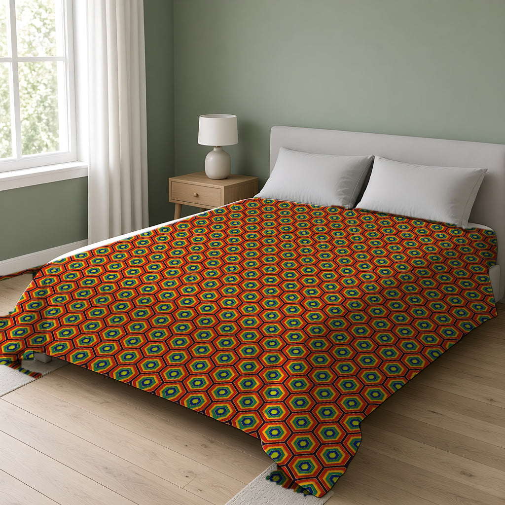 Hexagon Enamel Nest Cotton Duvet Cover on a double bed in a bright sage-green bedroom