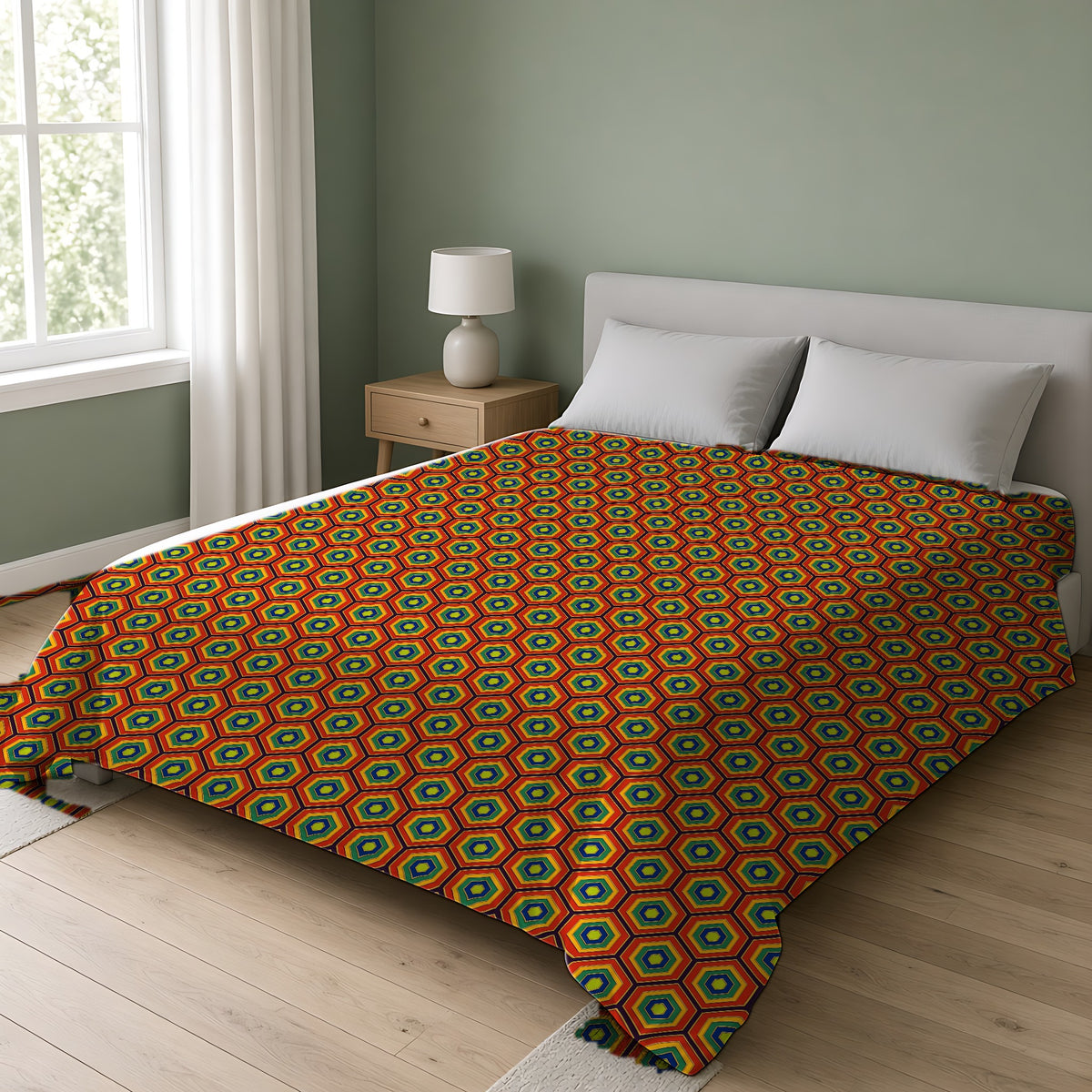 Hexagon Enamel Nest Cotton Duvet Cover on a double bed in a bright sage-green bedroom