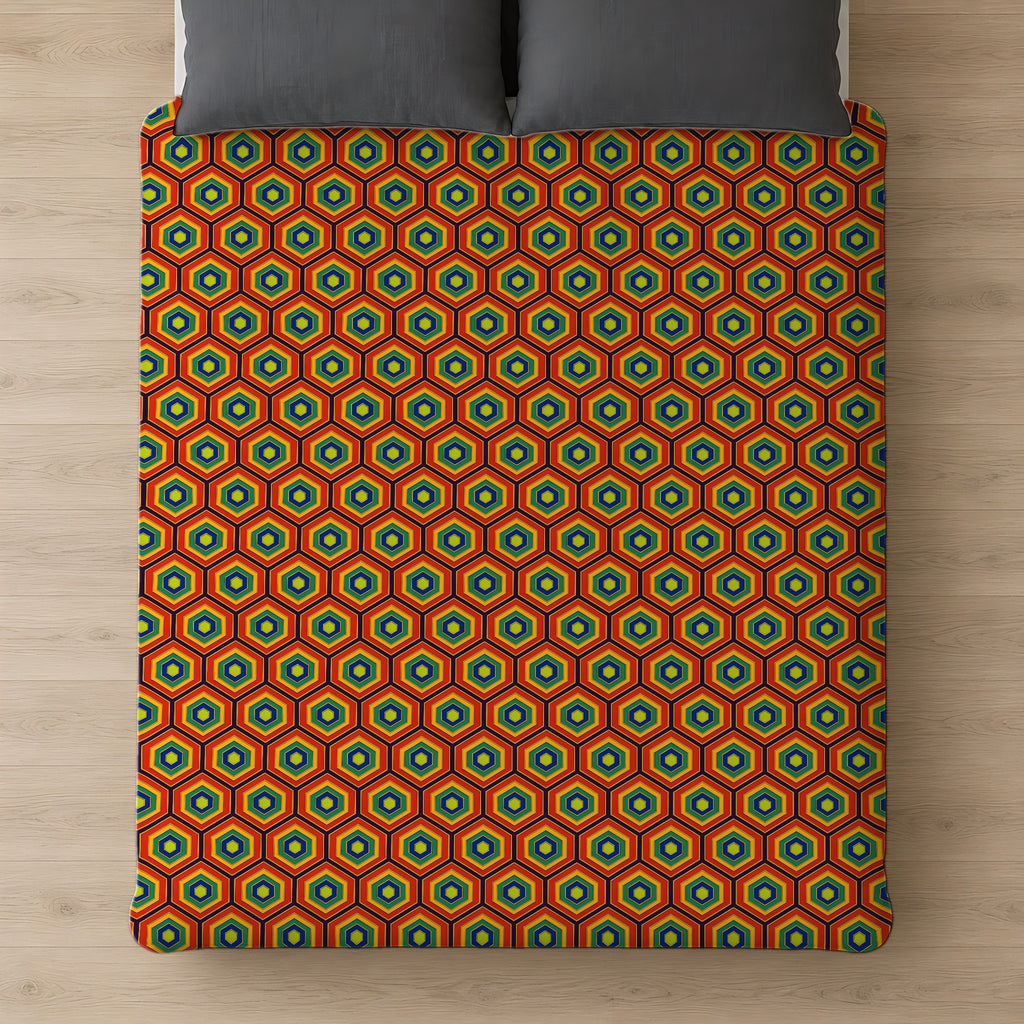 Hexagon Enamel Nest Cotton Duvet Cover on a bed, seen from above
