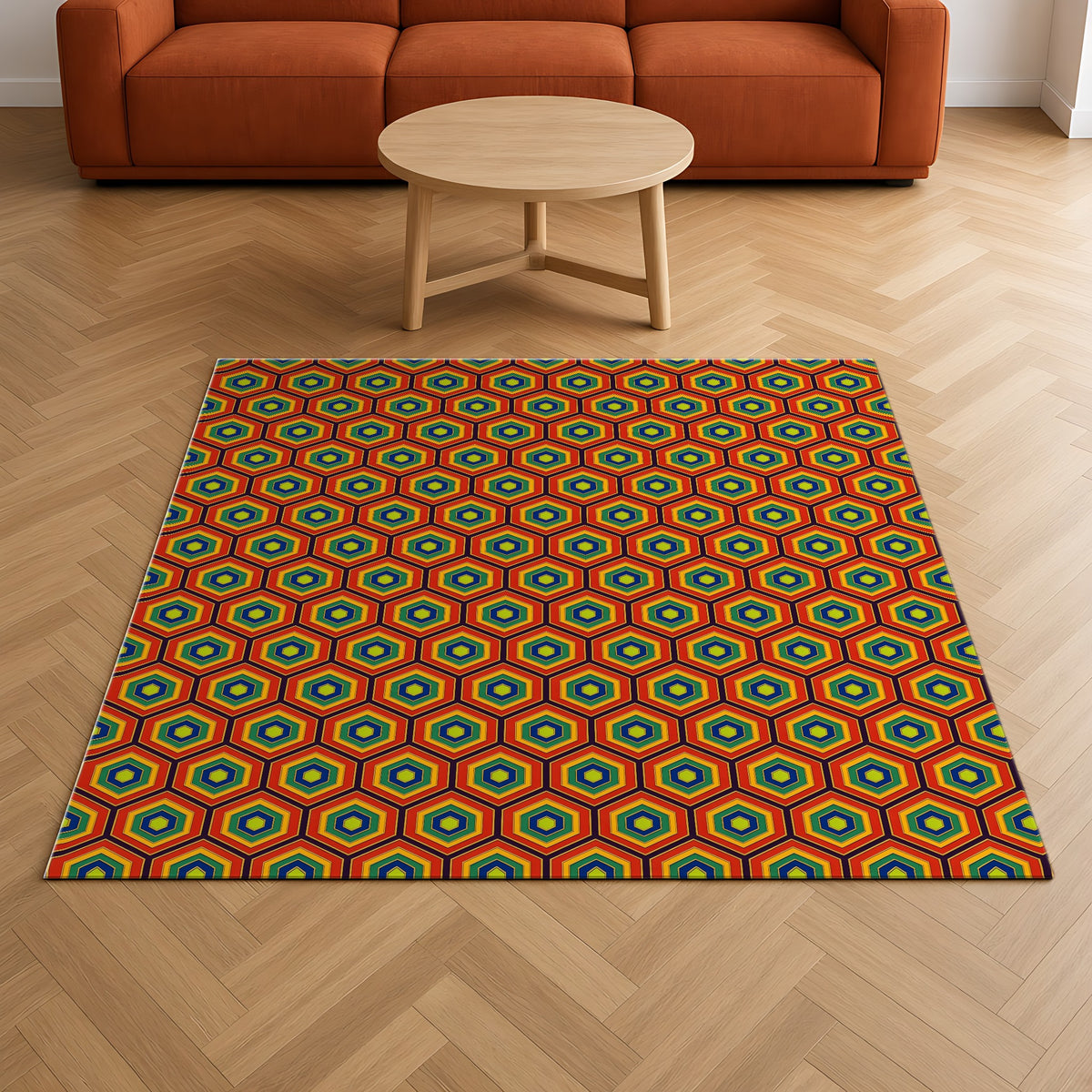 Hexagon Enamel Nest Outdoor Rug on a herringbone wood floor in a living room