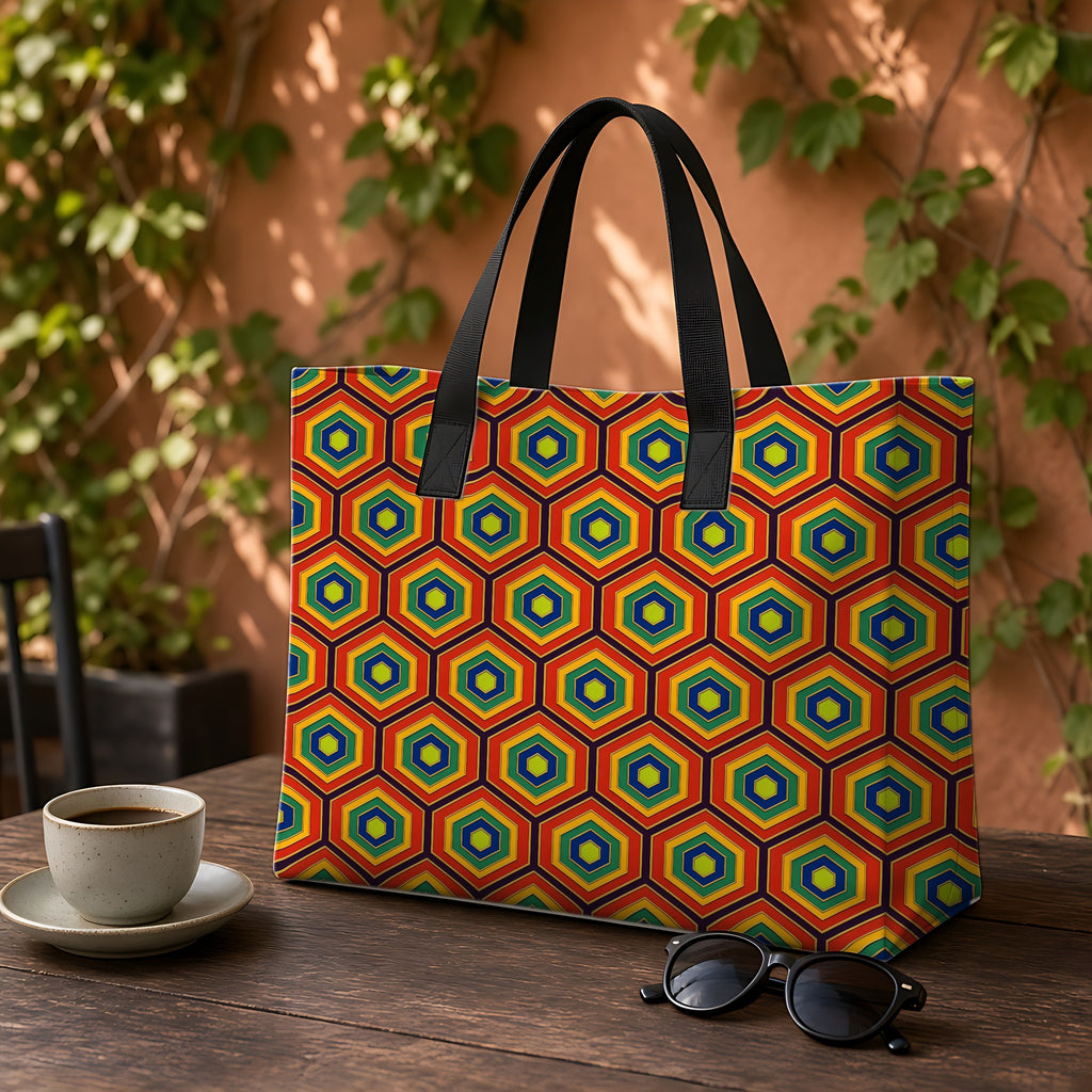 Hexagon Enamel Nest Weekender Tote Bag on a garden café table