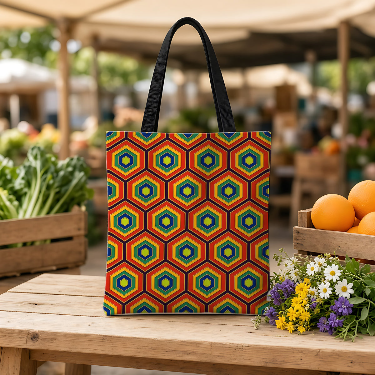 Hexagon Enamel Nest Weekender Tote Bag on a wooden bench at a farmers market