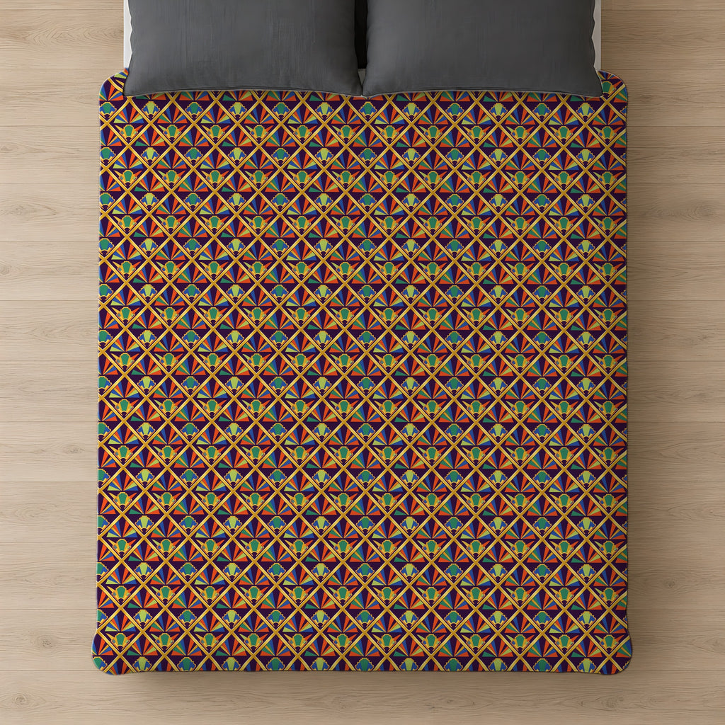 Gilded Lattice Sunburst Cotton Duvet Cover on a bed, seen from above