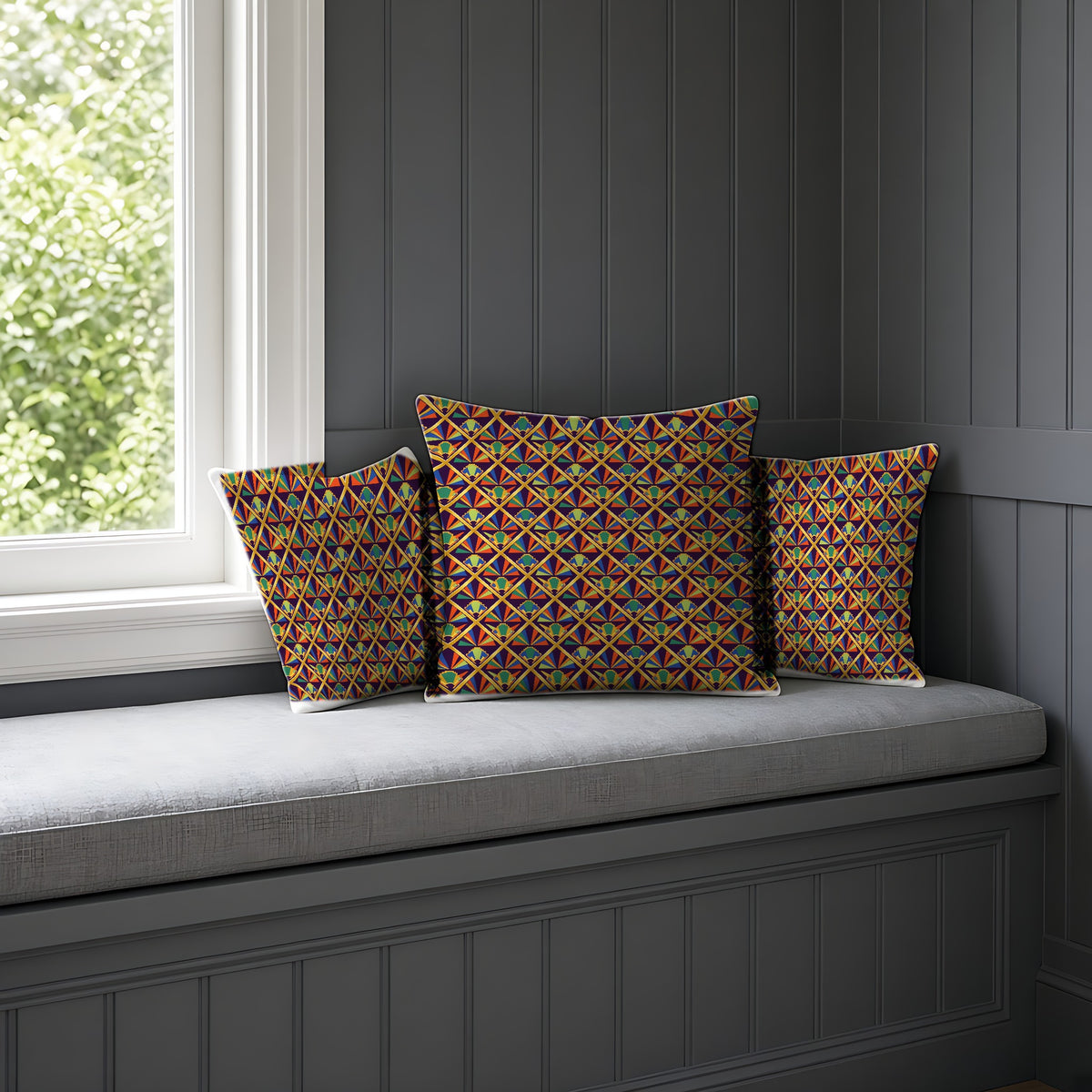 Gilded Lattice Sunburst Faux Suede Cushion on a window seat