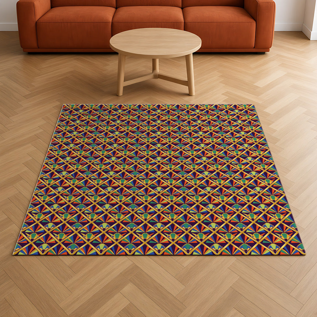Gilded Lattice Sunburst Outdoor Rug on a herringbone wood floor in a living room