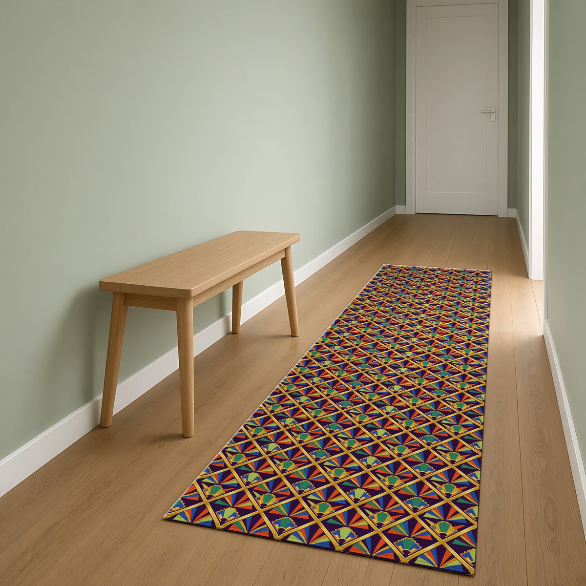 Gilded Lattice Sunburst Outdoor Rug as a runner in a sage-green hallway