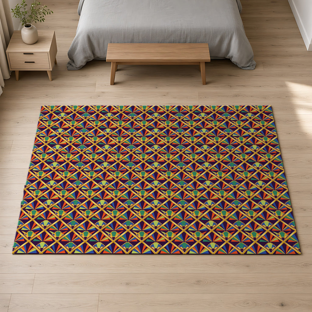 Gilded Lattice Sunburst Outdoor Rug on a pale oak floor in a calm bedroom