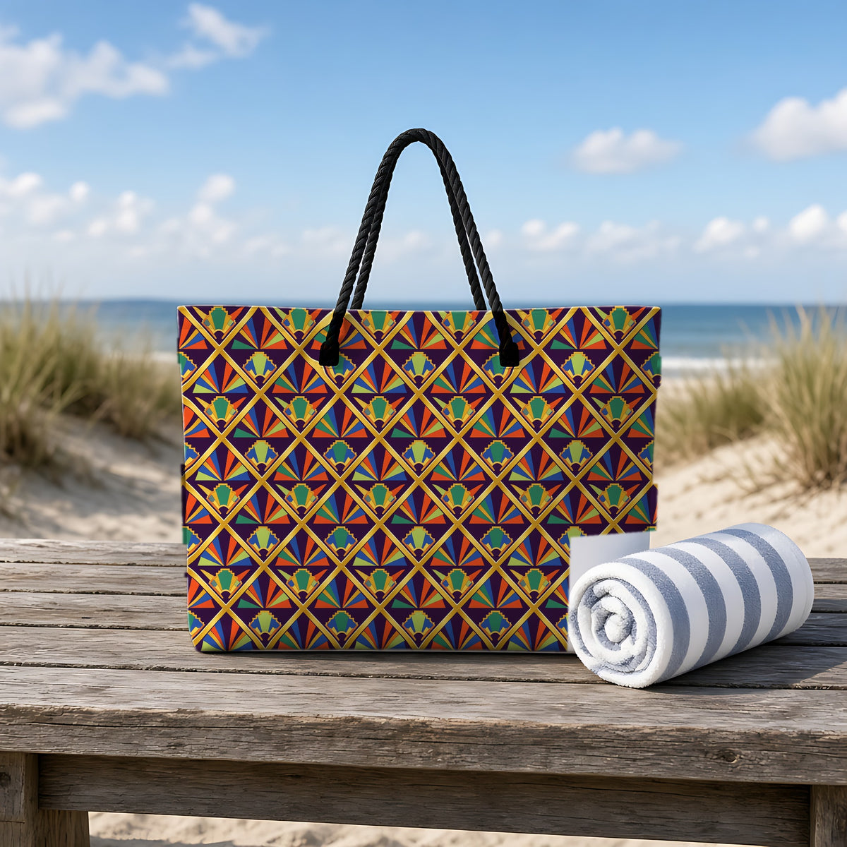 Gilded Lattice Sunburst Weekender Tote Bag on a rustic table by the beach
